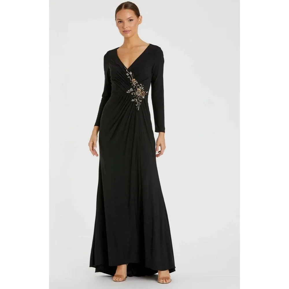 Mac Duggal Black Faux Wrap Long Sleeve Evening Gown with Appliqué Detail Size 12 - Picture 1 of 11